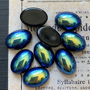 VP-7017 14x10 Czech Vintage glass Cabochon AB Black Oval